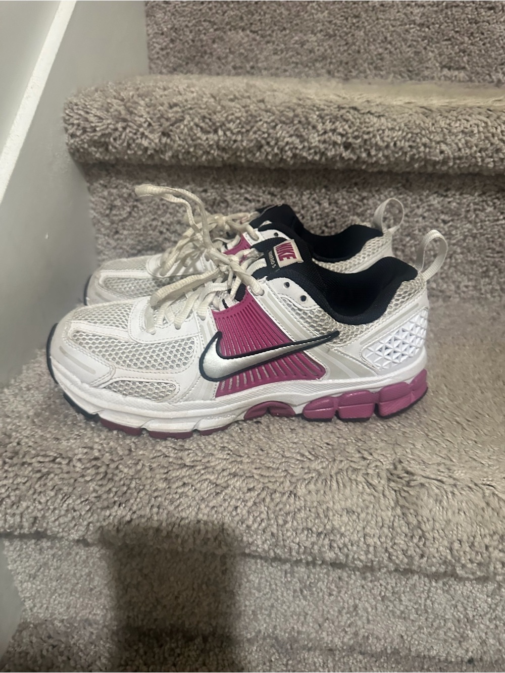 Nike Kids White and Pink Running Sneakers with Black Trim